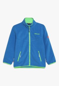 Giacca in pile blu con dettagli verdi, dotata di colletto alto, zip frontale completa e due tasche laterali con zip. Logo ricamato sul petto.