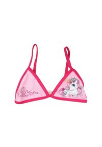 Haut de bikini triangulaire rose avec bretelles ajustables, présentant un graphique de licorne et le mot "Licorne" en cursive. Texture de tissu lisse.