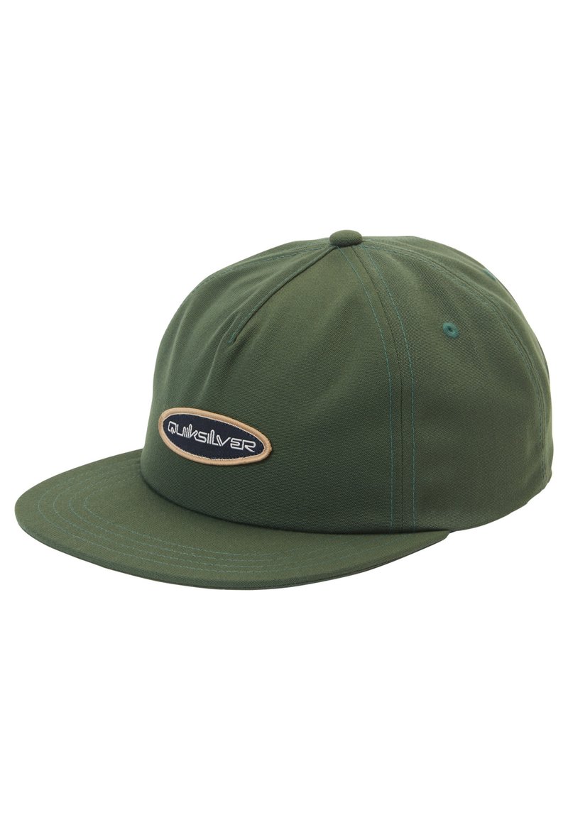 Green cap made of fabric with a structured brim, featuring a stitched logo patch in an oval shape and contrasting thread accents.