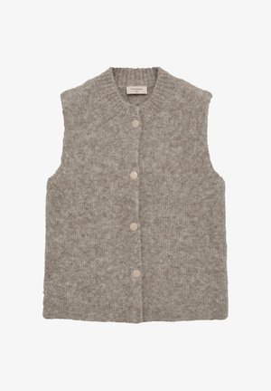 Ullväst i ljusbrunt, ärmlös design med rund halsringning och fem knappar. Mjuk, texturerad tyg med ett subtilt mönster.