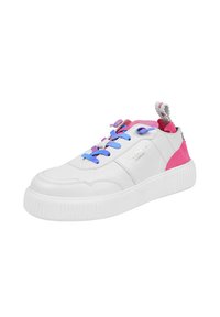 Weiße Sneaker mit rosa und lila Akzenten, aus Leder, runde Zehenform, Schnürdesign und einer strukturierten Gummisohle.