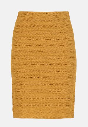 Horčicovo žltá pletená ceruzková sukňa s horizontálnymi pruhmi otvoreného vzoru a priliehavým pásom.