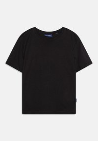 T-shirt noir à manches courtes en coton, présentant un col rond et une coupe décontractée, avec une petite étiquette de marque sur le côté.