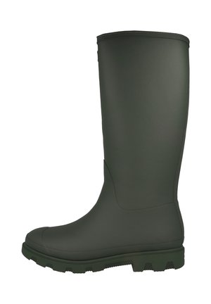 Bota de goma verde oscuro hasta la rodilla con suela gruesa y dentada y punta redondeada, diseñada para condiciones al aire libre o húmedas.