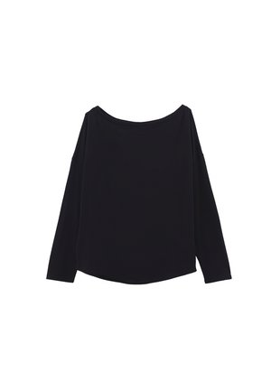 Camisa negra de manga larga con escote ancho y ajuste relajado, mostrada plana sobre un fondo blanco.