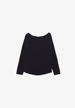 Chemise noire à manches longues avec un col large et une coupe décontractée, présentée à plat sur un fond blanc.