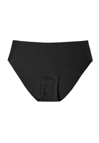 Schwarze hochgeschnittene Unterwäsche aus glattem, elastischem Material mit einem schlichten Design ohne Muster oder Verzierungen.