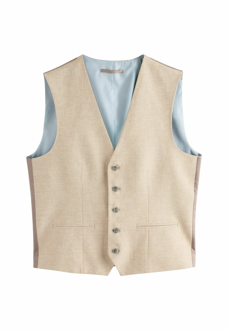 Chaleco beige con un acabado texturizado, escote en V profundo, parte delantera con cinco botones y dos bolsillos laterales. Forrado con tela de color azul claro, presenta lados en contraste.