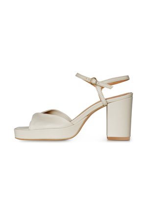 Sandalo con plateau beige da donna con apertura sulle dita, tacco alto spesso, cinturino alla caviglia e chiusura con fibbia dorata.