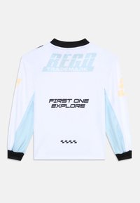 Long-sleeve white shirt with light blue side panels, black cuffs, and collar. Front features "REGAN" and "FIRST ONE EXPLORE" text in blue and black.
