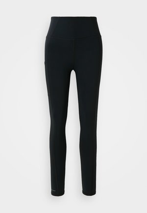 Leggings desportivos pretos de cintura alta, com bolso lateral e pernas compridas, sobre um fundo branco.