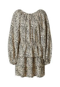 Leopardenmuster Kleid in Beige und Schwarz, mit puffärmeligen langen Ärmeln, einem gestuften Design sowie einem elastischen Ausschnitt und Bund.