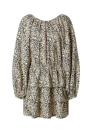 Leopardprint jurk in beige en zwart, met pofmouwen, een gelaagd ontwerp en een elastische halslijn en taille.