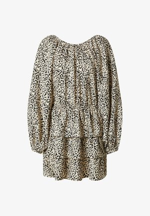 Leopardprint jurk in beige en zwart, met pofmouwen, een gelaagd ontwerp en een elastische halslijn en taille.