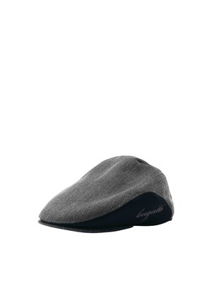 Gray herringbone flat cap with a black side panel featuring the embroidered text "bugatti" in cursive lettering.