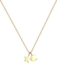 Collana d'oro con pendenti a stella e luna crescente, finitura lucida, catena fine, design semplice e superficie liscia.