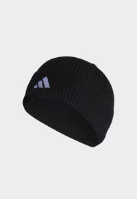 Black knitted beanie featuring ribbed texture with a folded cuff. Displays a small, light purple logo on one side.
