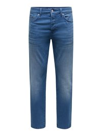 Jeans blu a gamba dritta con tasche frontali, passanti per cintura e chiusura con bottone in metallo.