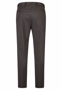 Pantalons gris ajustés avec un tissage texturé, dotés d'une fermeture éclair, de passants de ceinture et de deux poches arrière avec boutons.