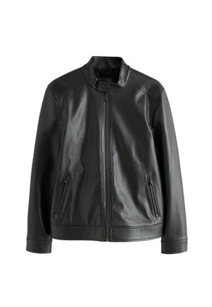 Schwarze Lederjacke mit Stehkragen, vorderem Reißverschluss und zwei seitlichen Reißverschlusstaschen. Glatte Textur und taillierte Passform.