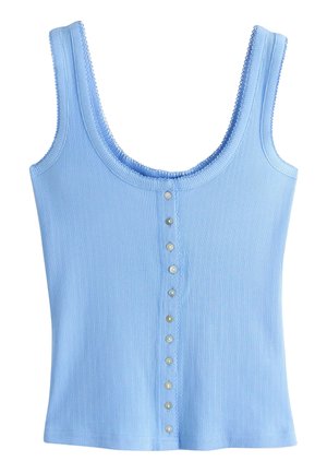 Light blue ribbed sleeveless tank top with scalloped edges and a vertical row of small white buttons down the center front.