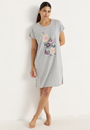 Gray cotton nightdress with a round neckline, short sleeves, side slits, and colorful floral prints in yellow, pink, and burgundy.