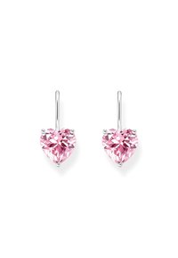Orecchini a forma di cuore con gemme rosa, montati su un metallo di tono argento, con una finitura lucida e ganci sicuri per indossarli.
