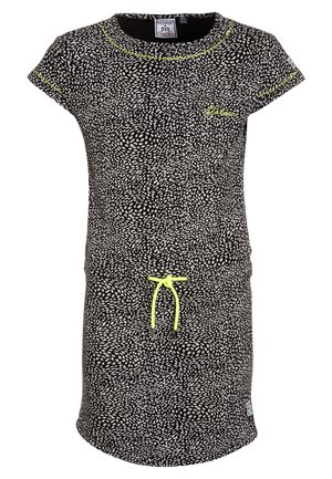 Sort kjole med hvid blad-lignende mønster; korte ærmer; rund hals; snorejusteret talje i neon-gul; bomuldsmateriale; afslappet pasform.