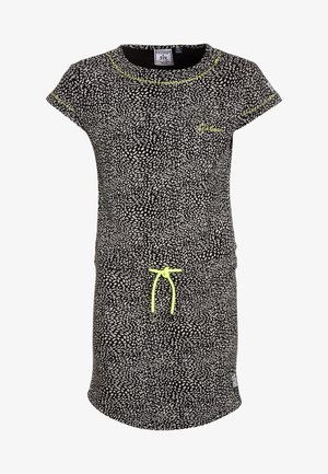 Schwarzes Kleid mit weißem blattähnlichem Muster; kurze Ärmel; Rundhalsausschnitt; Taillenzug mit Neon-Gelb; Baumwollmaterial; legere Passform.