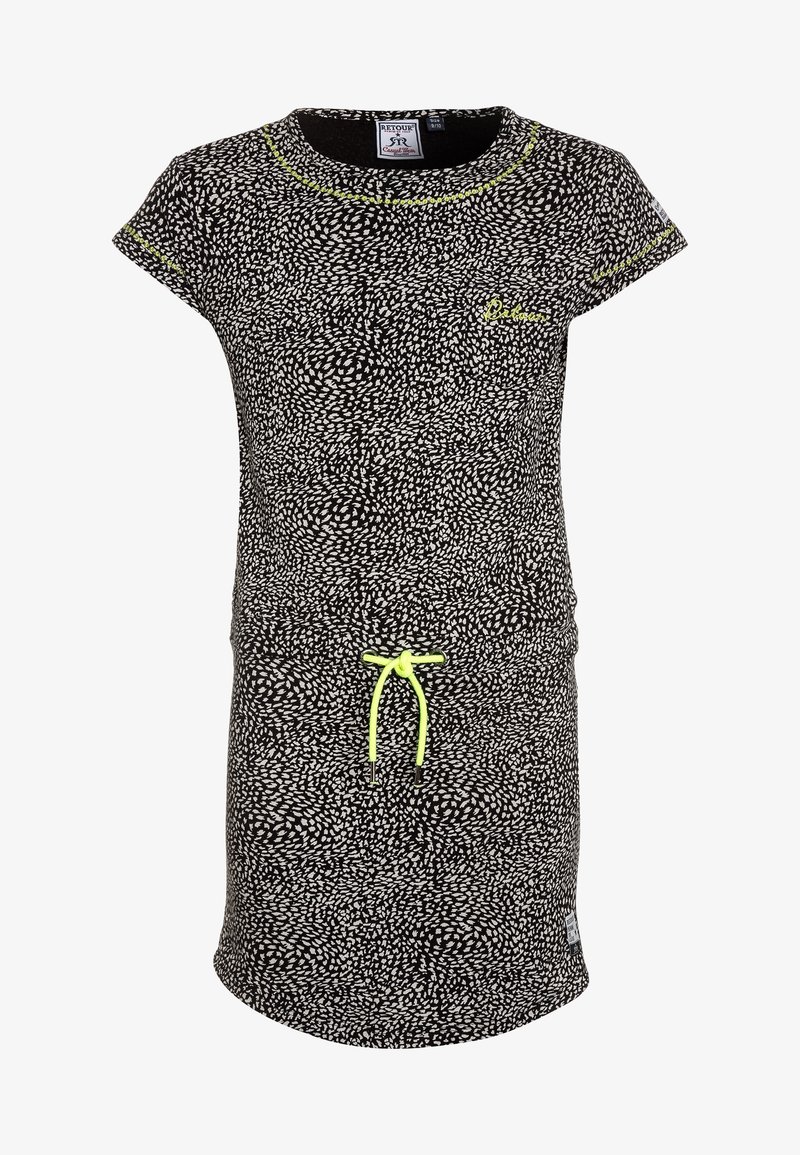 Robe noire avec un motif blanc en forme de feuille ; manches courtes ; col rond ; taille à cordon de serrage en néon jaune ; en coton ; coupe décontractée.