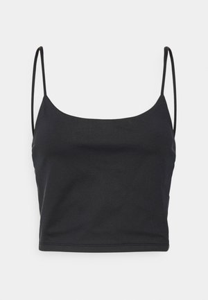 Top cropped preto com alças finas, feito de um tecido liso e elástico. Apresenta um design simples e justo, com decote arredondado.