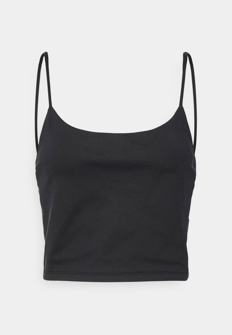 Top cropped preto com alças finas, feito de um tecido liso e elástico. Apresenta um design simples e justo, com decote arredondado.