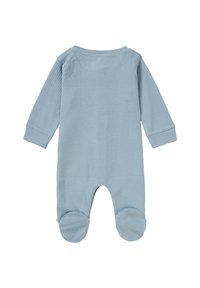 Bodysuit pour bébé en bleu clair à côtes, avec des manches longues et des jambes pied-de-poule, présentant un col rond et sans fermetures visibles.