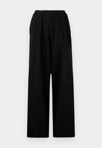Pantalons larges noirs à taille haute, avec des plis avant et un tissu lisse et texturé. Pas de poches visibles ni d'ornements.
