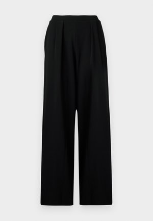 Schwarze weit geschnittene Hose mit hohem Bund, ausgestattet mit vorderen Falten und einem glatten, strukturierten Stoff. Keine sichtbaren Taschen oder Verzierungen.