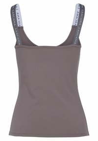 Schmal geschnittenes graues Tanktop mit dünnen Trägern. Die Träger haben ein Logodesign. Glatter, dehnbare Stoff mit einer einfachen, basischen Form.