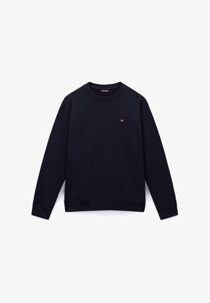 Felpa di cotone blu navy con scollo rotondo, maniche lunghe, polsini e orlo a coste, con un piccolo logo ricamato sul petto.