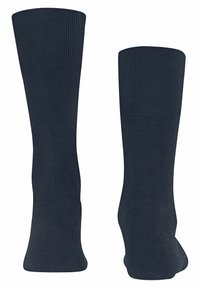 Mørkeblå sokker lavet af glat stof, med en ribbet manchet og sømløs tådesign. Sokkerne har en ensartet farve og tekstur.
