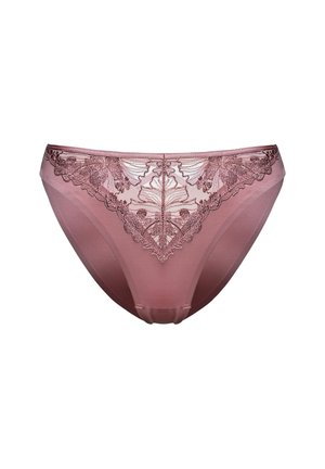 Mauve women's bikini panties with floral lace detailing on the front and a smooth fabric finish.