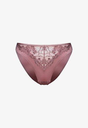 Mauve kobiece majtki bikini z kwiatowymi koronkowymi detalami z przodu i gładkim wykończeniem.