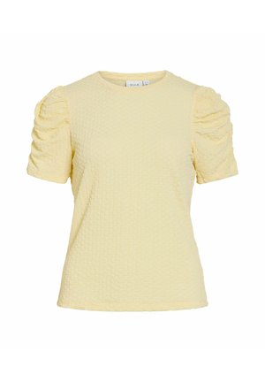 Lysegul tekstureret kortærmet bluse med rynkede pufærmer og rund halsudskæring, mærket "VILA" inde i kraven.
