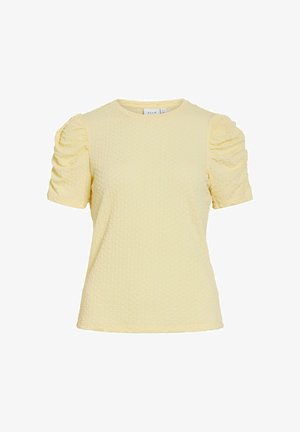 Lysegul tekstureret kortærmet bluse med rynkede pufærmer og rund halsudskæring, mærket "VILA" inde i kraven.