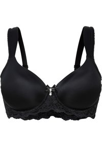 Reggiseno nero con coppe imbottite, fascia in pizzo e spalline regolabili. Presenta un elegante dettaglio centrale con una piccola gemma. Texture liscia.