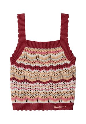 Top corto de punto sin mangas con tirantes anchos acanalados, con patrones de zigzag y encaje en rosa, beige, blanco y burdeos, firmado en el dobladillo.