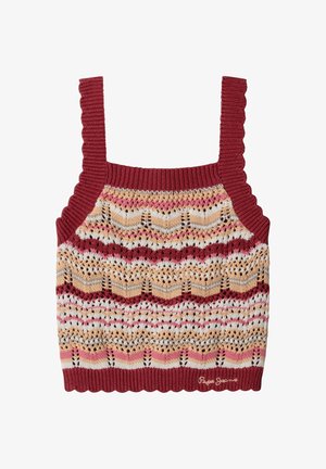 Top corto senza maniche a maglia con spalline larghe a coste, caratterizzato da motivi a zigzag e pizzo nei colori rosa, beige, bianco e bordeaux, con firma all'orlo.