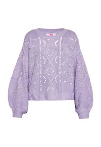 Lavendelfarbener, verkürzter Strickpullover mit strukturierten Zopfmustern, Ballonärmeln und einem gerippten Saum. Verfügt über durchgehende Lochmuster.