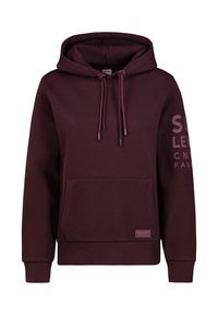 Burgundy hoodie with a front pocket, drawstring hood, ribbed cuffs, and logo printed on the right sleeve. Soft texture, casual design.