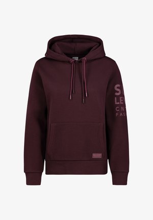 Burgunderfarbener Hoodie mit einer Fronttasche, Kapuze mit Tunnelzug, gerippten Bündchen und Logo, das auf dem rechten Ärmel aufgedruckt ist. Weicher Stoff, lässiges Design.