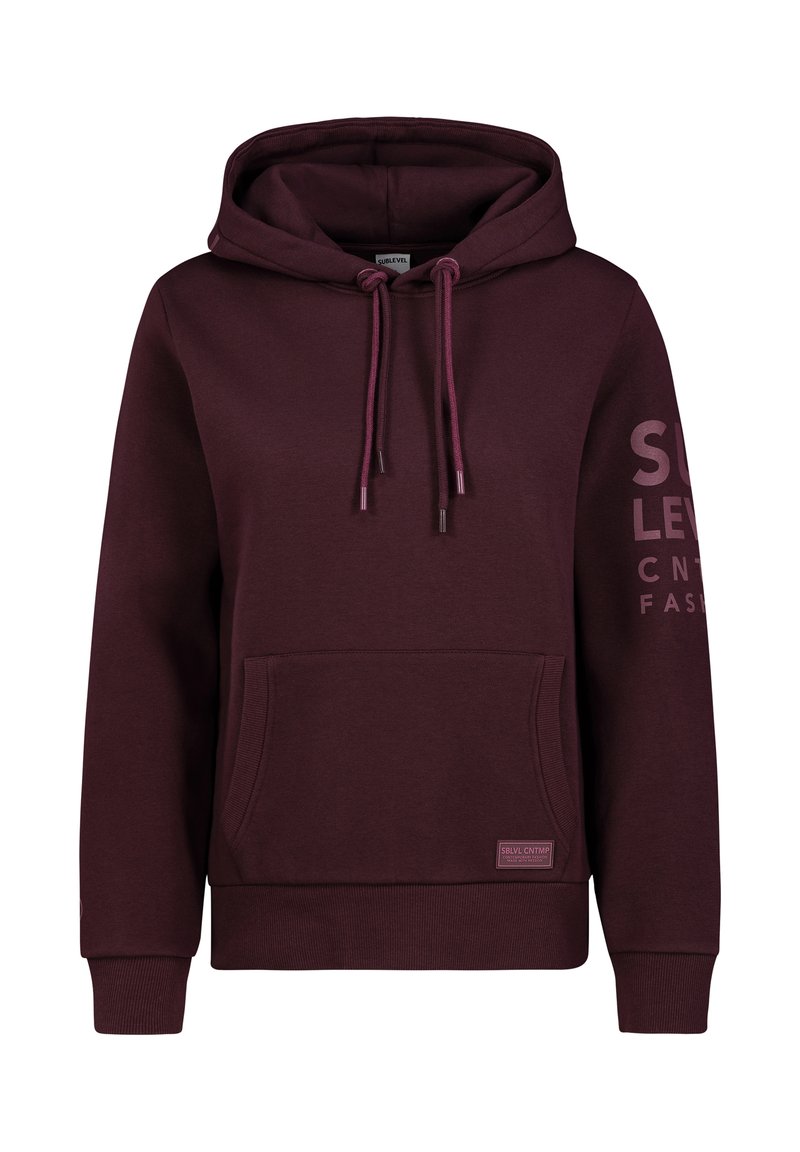 Burgundy hoodie with a front pocket, drawstring hood, ribbed cuffs, and logo printed on the right sleeve. Soft texture, casual design.
