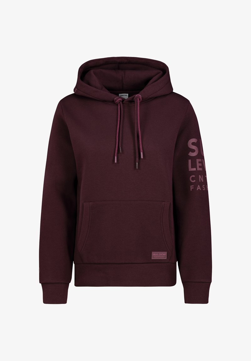 Burgundy hoodie with a front pocket, drawstring hood, ribbed cuffs, and logo printed on the right sleeve. Soft texture, casual design.